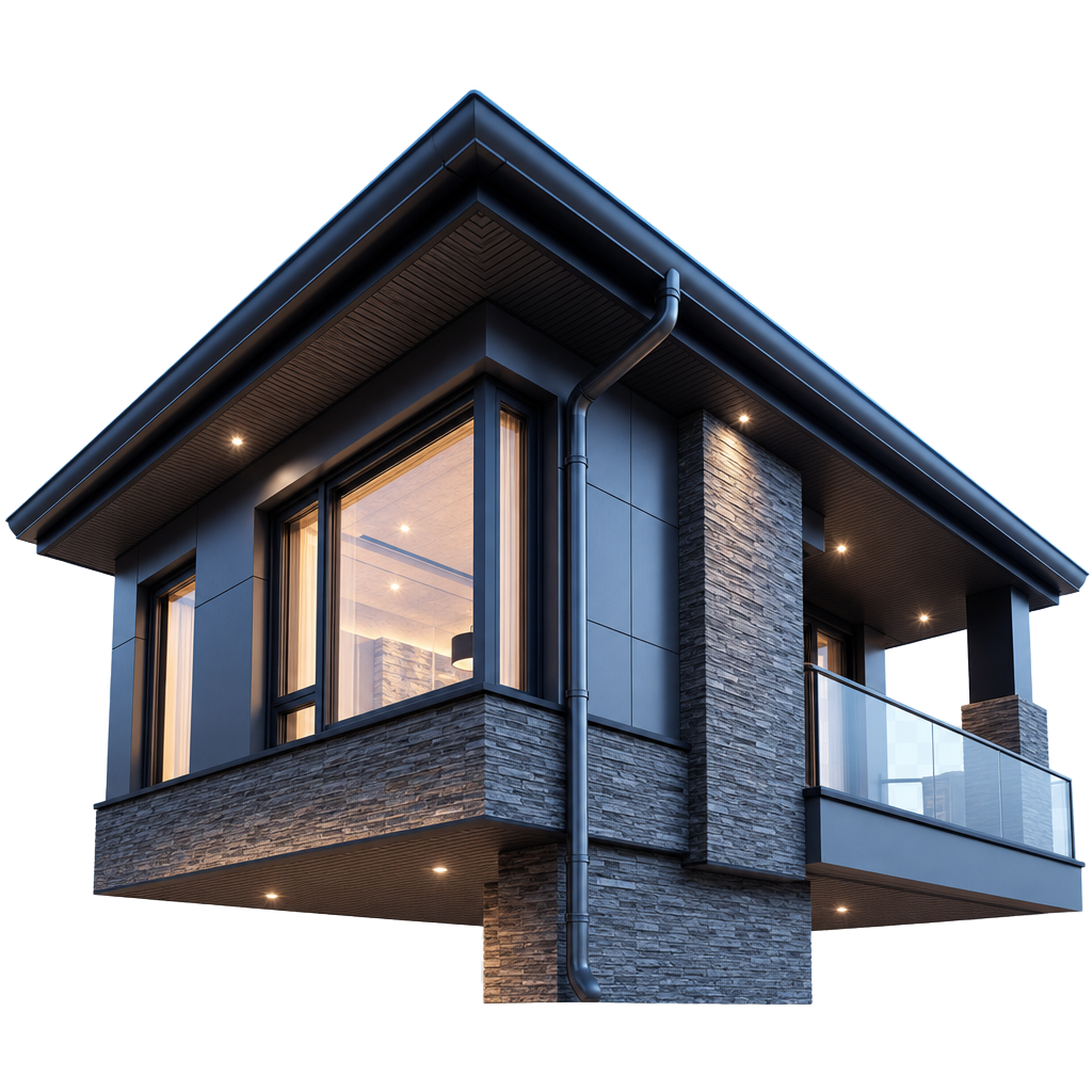 3D render of modern home corner with seamless gutters, fascia and soffit